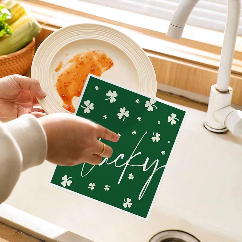 LARTSFRO Lucky Wishes Swedish Dishcloths for Kitchen, Green Swedish Dish Cloths for Four-Leaf Clover, 4 Pack Dish Towels for Kitchen, Papaya Reusable Paper Towels Washable - Image 5